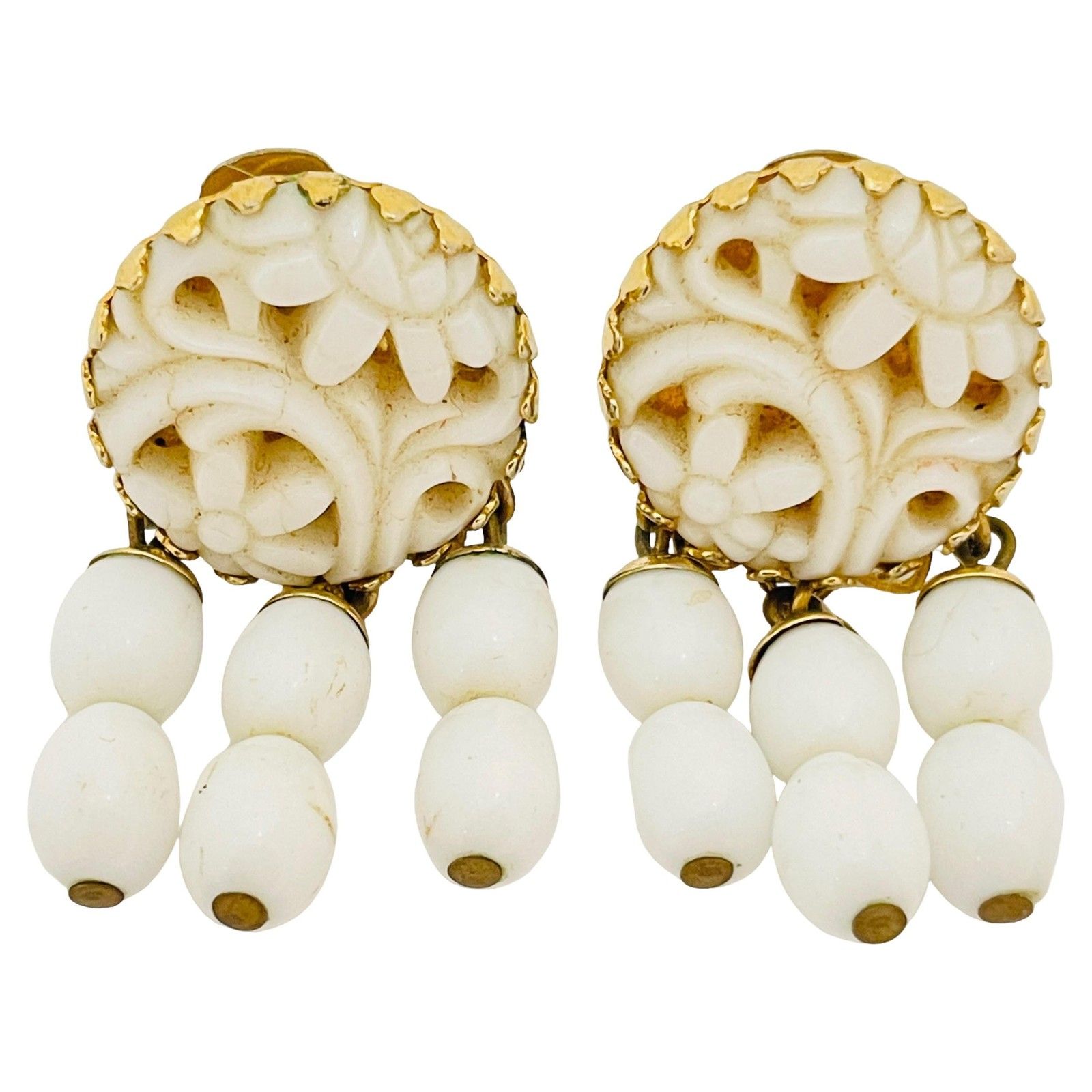 Napier Signed Vintage Gold Tone Milk Glass Designer Clip On Earrings